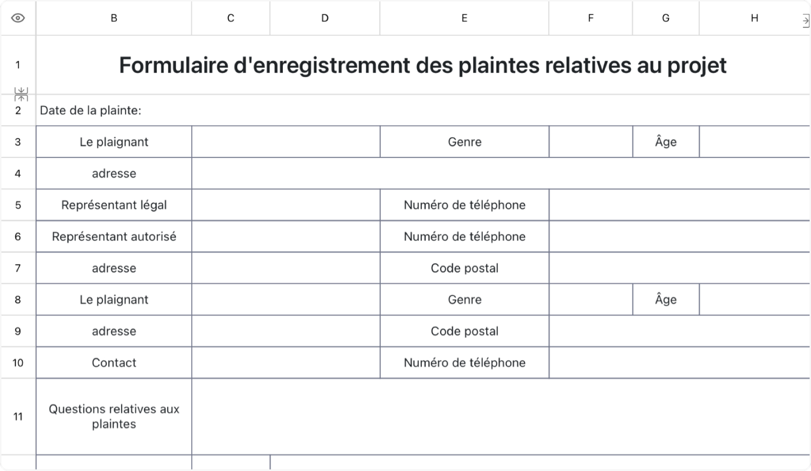 Formulaire d'enregistrement des plaintes relatives au projet